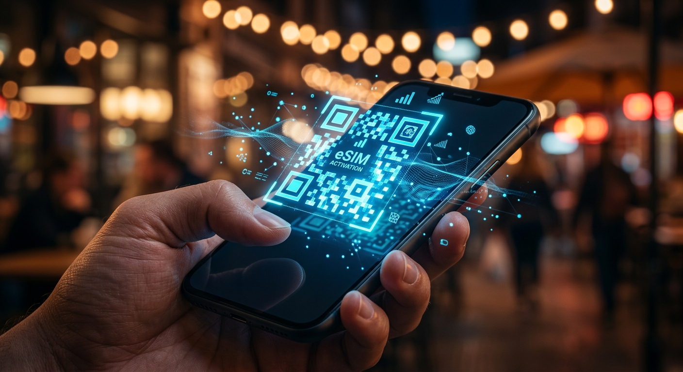 אדם מחזיק סמארטפון עם תצוגה הולוגרפית של קוד QR להפעלת eSIM על רקע אורות עיר מטושטשים