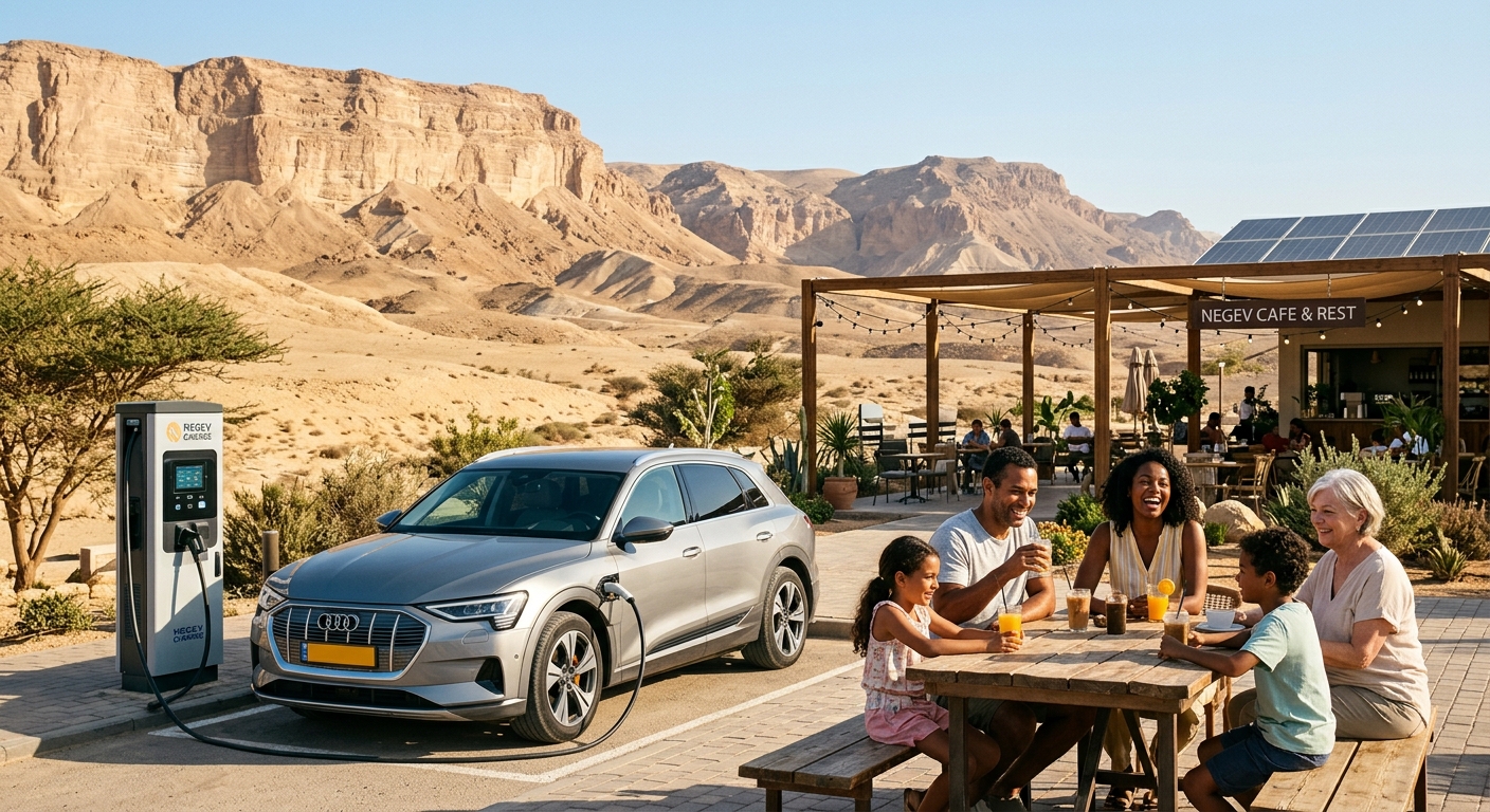 משפחה יושבת בבית קפה בנגב בזמן שרכב אאודי חשמלי מחובר לעמדת טעינה על רקע נוף מדברי