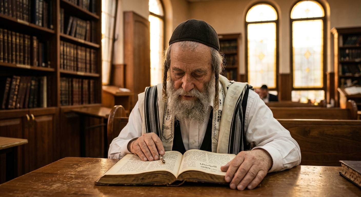 גבר יהודי מבוגר בעל זקן לבן, חובש כיפה ועוטה טלית, שקוע בלימוד מתוך ספר קודש פתוח בבית מדרש מסורתי עם ספריות עץ ברקע.