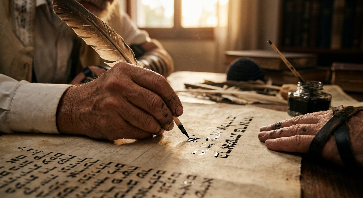 ידיו של סופר סת"ם עטור תפילין כותבות באותיות עבריות על קלף באמצעות קולמוס נוצה ודיו מסורתי