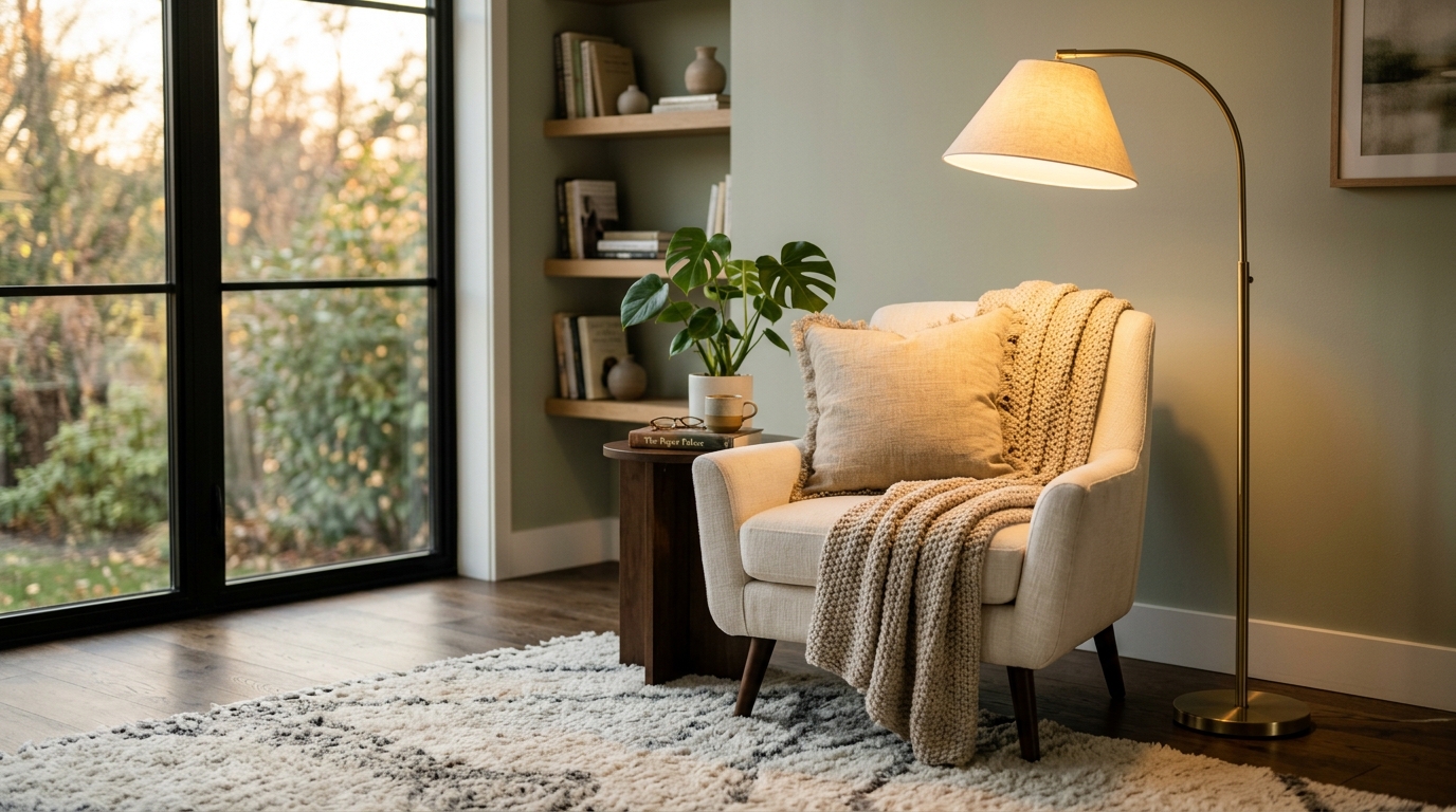 פינת קריאה מעוצבת ונעימה הכוללת כורסה בהירה, שמיכה סרוגה, מנורת רצפה עומדת מפליז ושולחן צד מעץ עם עציץ, מול חלון גדול.